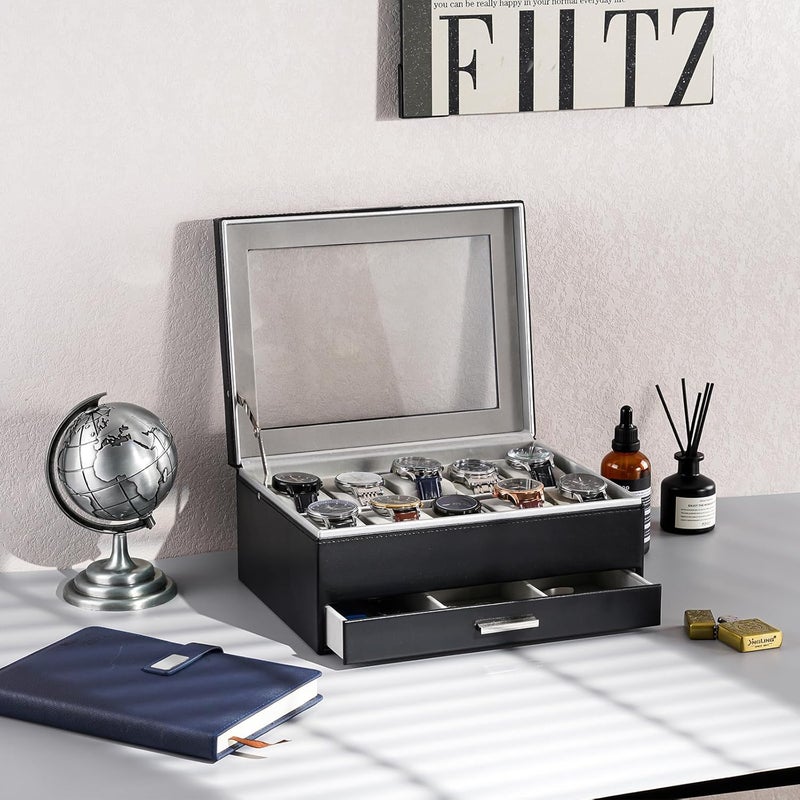 Procase Watch Case for Women, 10 Slot Watch Display Case with Drawer, 2-Layer Womens Watch Box, 10 Watch Box Organizer, Jewelry and Watch Holder Storage Case With Glass Lid -Black - Image 5